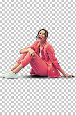 Portrait, fashion and laughing with a crazy girl isolated on transparent background for energy while shouting. Freedom, funny or comedy and a happy young person looking excited on PNG with a smile