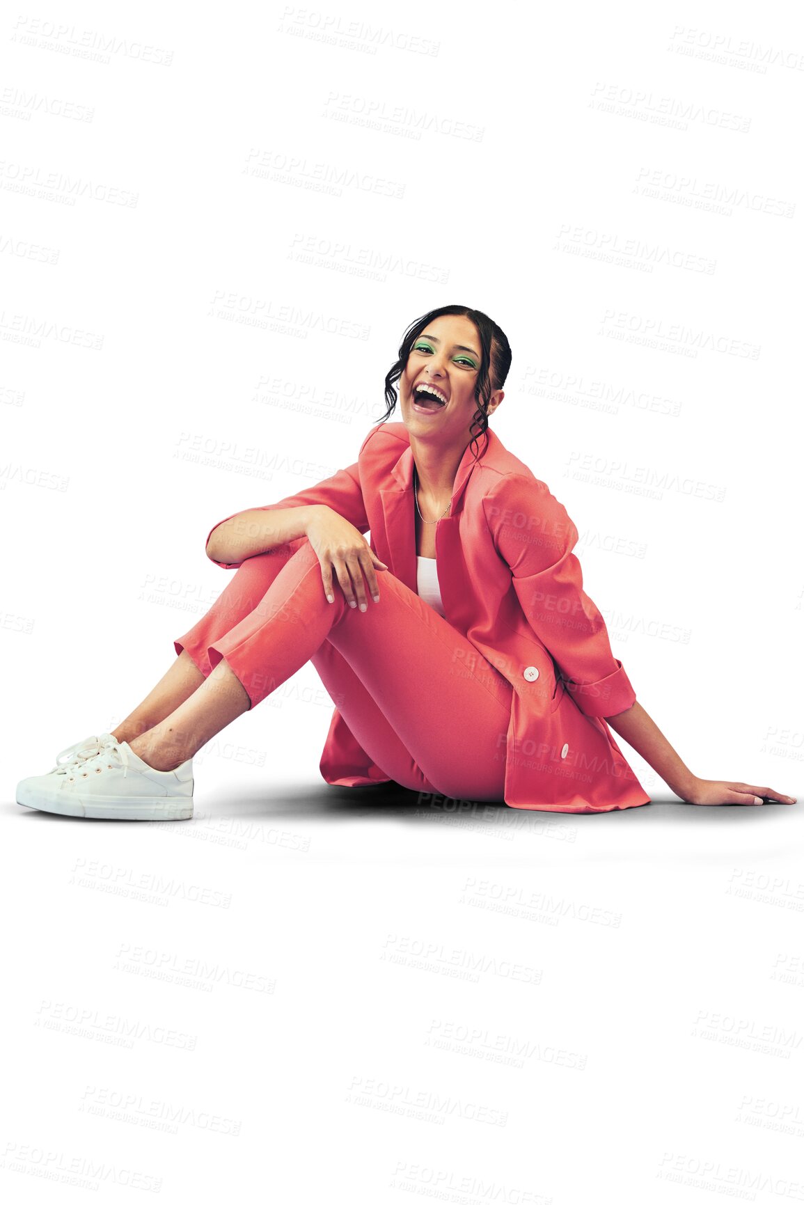 Buy stock photo Portrait, fashion and laughing with a crazy girl isolated on transparent background for energy while shouting. Freedom, funny or comedy and a happy young person looking excited on PNG with a smile