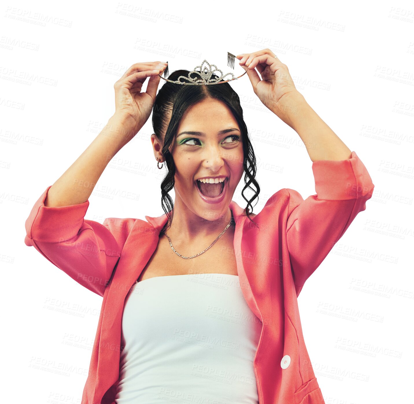 Buy stock photo Excited queen, fashion crown and woman isolated on a transparent png background. Royalty, tiara and happy princess or confident person thinking of makeup, cosmetics and style at prom, party or event