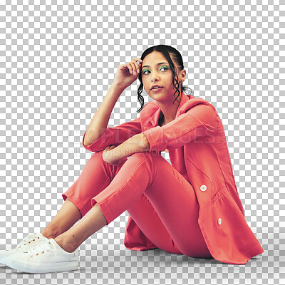 Beautiful woman, on floor and creative with modern style, business casual and fashion with makeup. Latino female, designer clothes and suit with sneakers and isolated on transparent png background