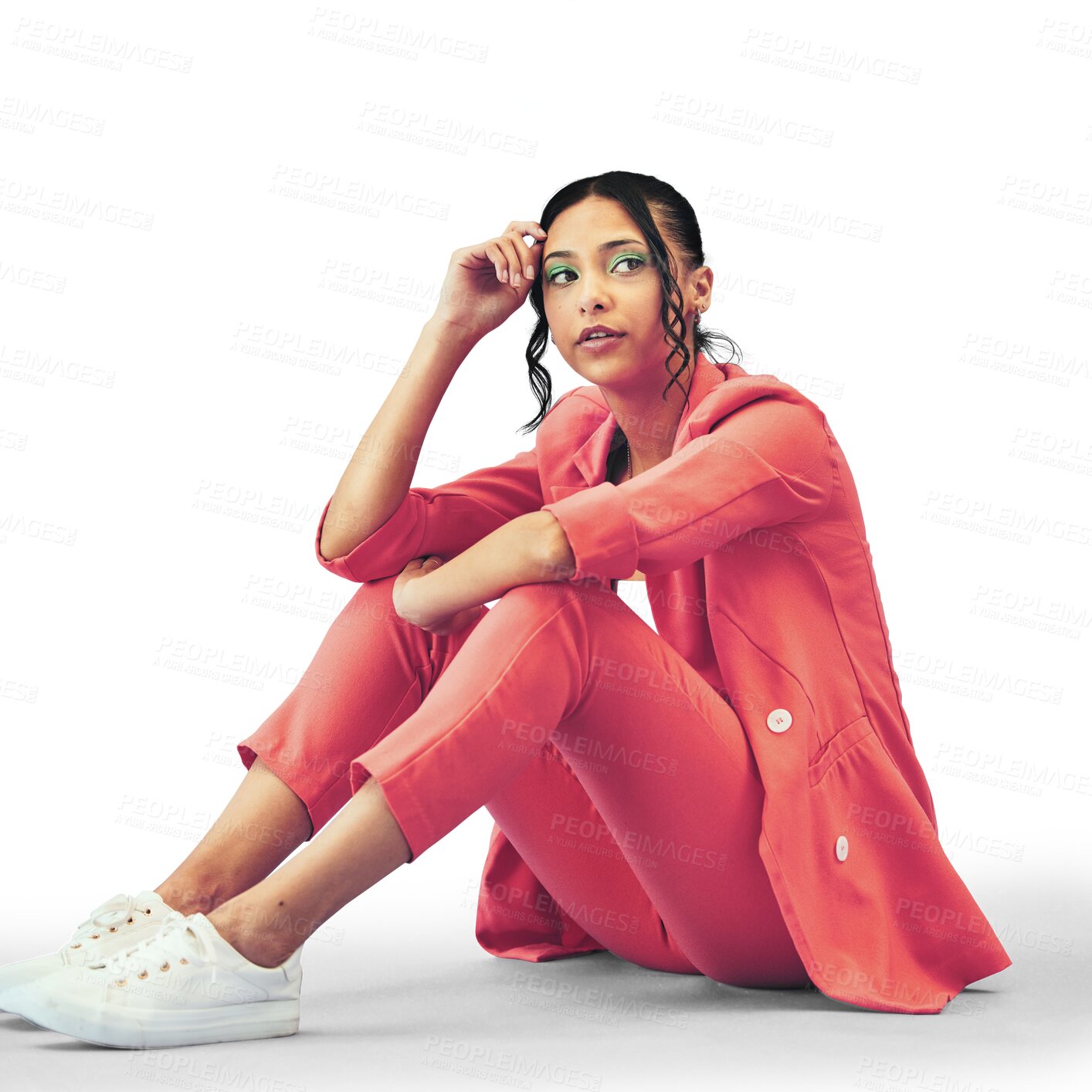 Buy stock photo Beautiful woman, on floor and fashion with modern style, business casual and creative with makeup. Mexican female, designer clothes and suit with sneakers and isolated on transparent png background