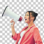 Isolated woman, megaphone and scream in profile for deal, sale or promo by transparent png background. Gen z girl, bullhorn or shout for protest, voice or opinion for sound, fashion or noise for news