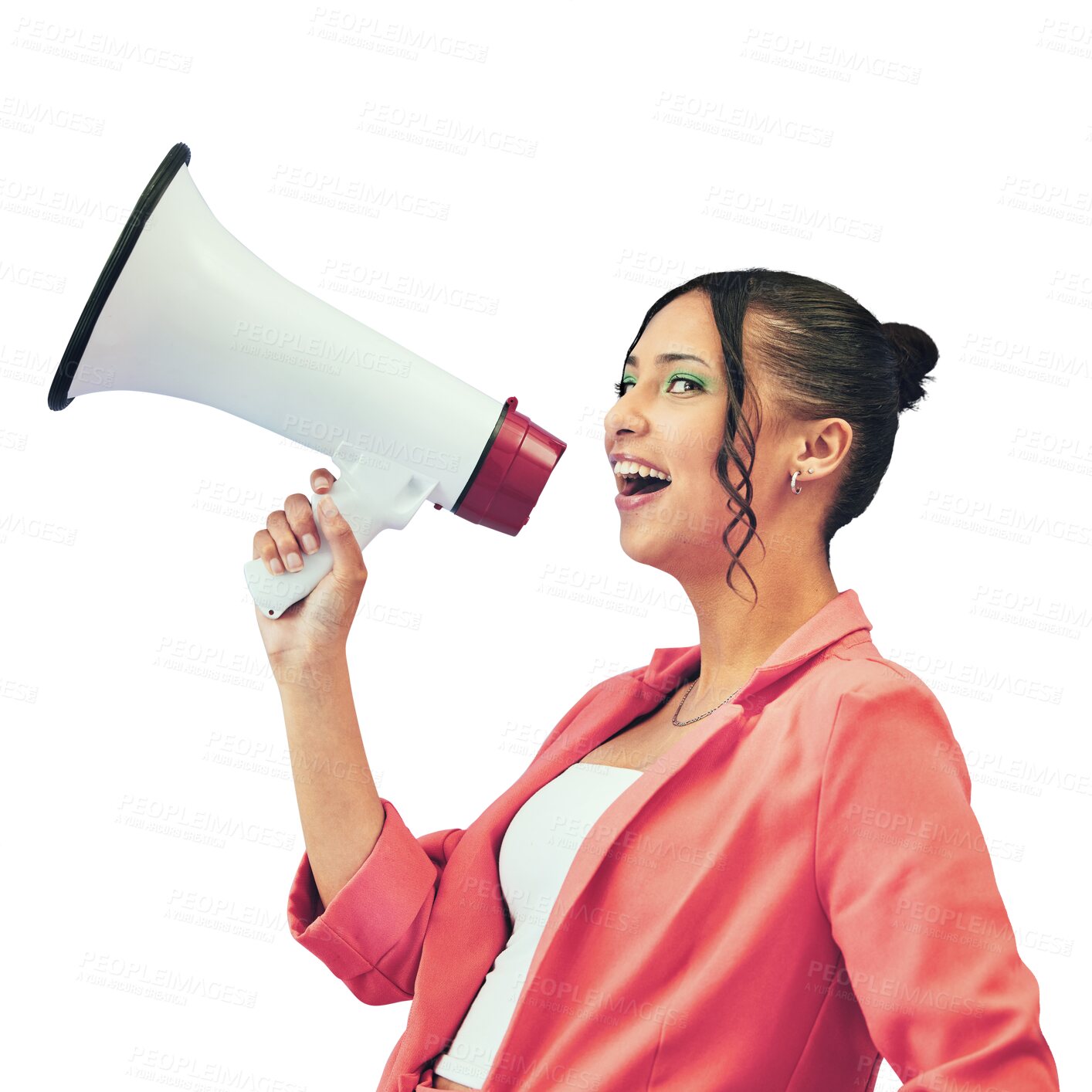 Buy stock photo Isolated woman, megaphone and scream in profile for deal, sale or promo by transparent png background. Gen z girl, bullhorn or shout for protest, voice or opinion for sound, fashion or noise for news