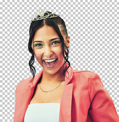 Portrait, smile and princess crown with a woman isolated on transparent background for freedom or royalty. Tiara, energy and fashion with a happy young model on PNG in celebration as a pageant winner