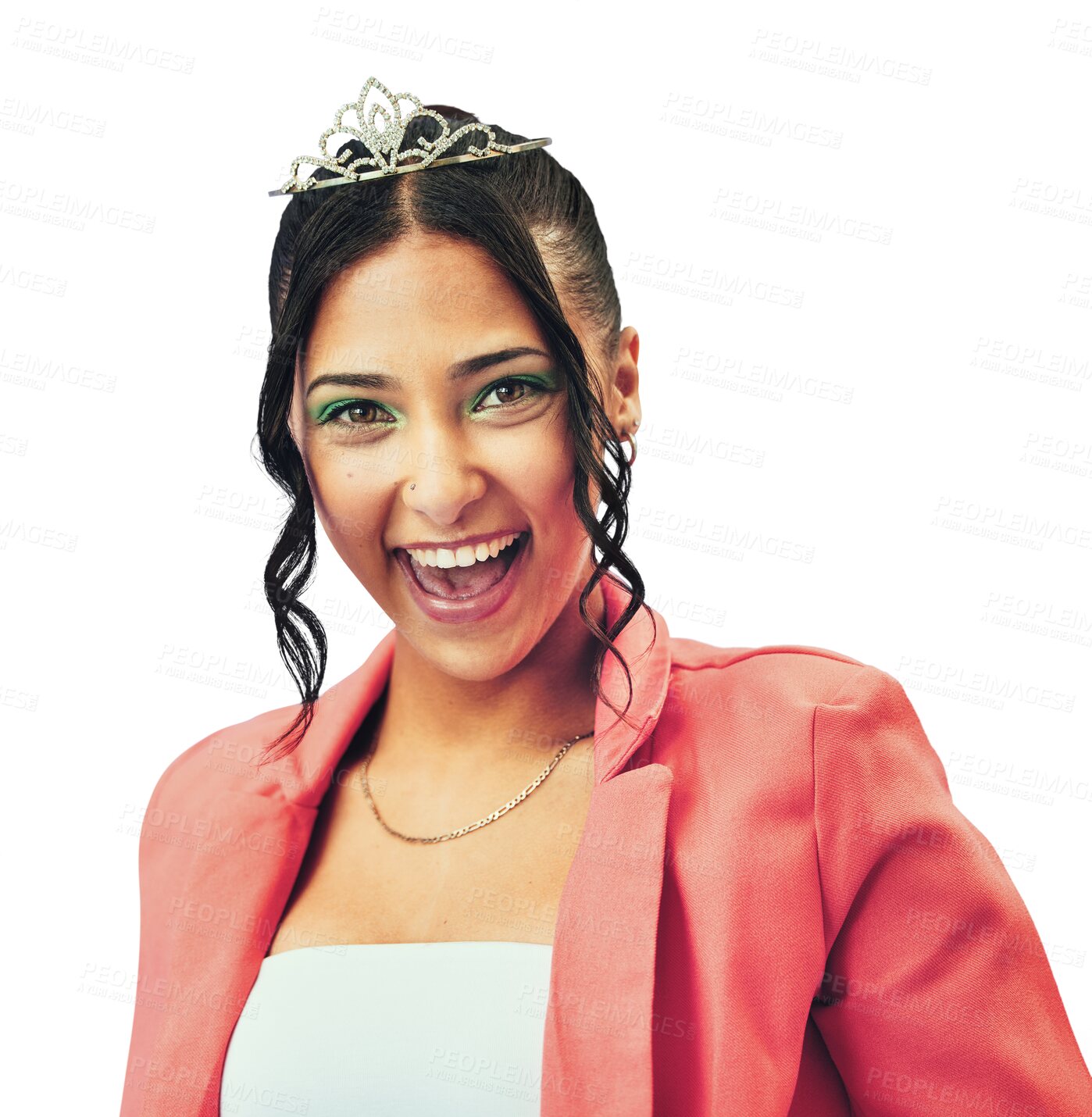 Buy stock photo Portrait, smile and princess crown with a woman isolated on transparent background for freedom or royalty. Tiara, energy and fashion with a happy young model on PNG in celebration as a pageant winner