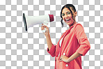 Isolated woman, megaphone and portrait with smile for deal, sale or promo by transparent png background. Gen z girl, bullhorn or shout for review, voice or vote with speech, fashion or noise for news