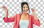 Happy woman, headphones and dance listening to music isolated on a transparent PNG background. Excited female person smile and enjoying audio streaming, sound track or online podcast and playlist