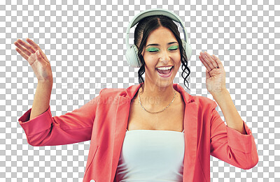 Buy stock photo Happy woman, headphones and dance listening to music isolated on a transparent PNG background. Excited female person smile and enjoying audio streaming, sound track or online podcast and playlist