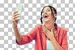 Happy woman, phone and laughing with makeup in selfie or photography isolated on a transparent PNG background. Female person, gen z or model smile for photograph, picture or funny social media vlog