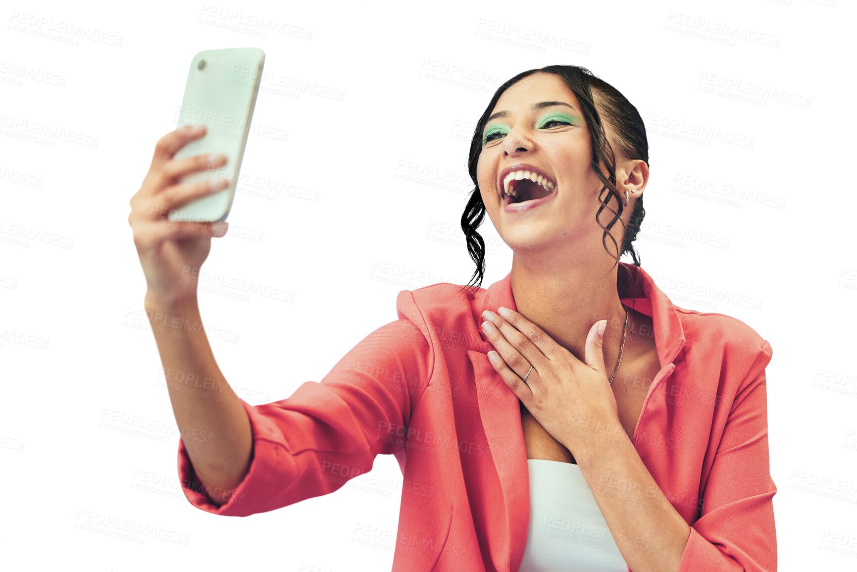 Buy stock photo Happy woman, phone and laughing with makeup in selfie or photography isolated on a transparent PNG background. Female person, gen z or model smile for photograph, picture or funny social media vlog