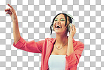 Happy woman, headphones and listening to music in dance isolated on a transparent PNG background. Excited female person smile and enjoying audio streaming, sound track or online podcast and playlist