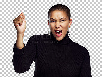 Buy stock photo Celebrate, winning and portrait of woman happy for success or achievement isolated in a transparent or png background. Victory, excited and person winner with joy for triumph or bonus in happiness