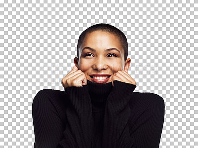 Buy stock photo Smile, fashion and winter with a happy black woman isolated in a transparent background for style. Face, beauty and sweater with a young model on PNG looking cozy in a warm jersey for trendy attire