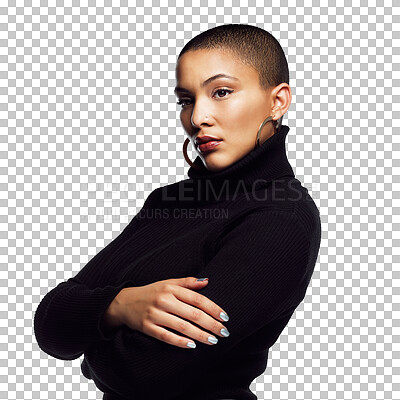 Buy stock photo Serious, face and woman with arms crossed for winter fashion or style isolated on a png transparent background. Makeup, person and confidence with casual and trendy clothes, stylish and beauty glow