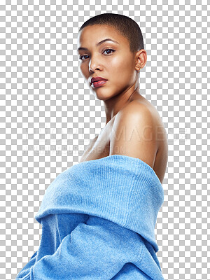 Buy stock photo Fashion, portrait or bald woman with confidence or natural beauty isolated on a transparent PNG background. Clothes, girl or biracial female person with makeup in USA with modern style or cool outfit