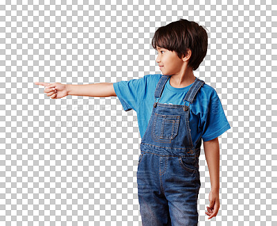 Buy stock photo Child pointing at space, direction and advertising isolated on a transparent png background. Kid, hand gesture for marketing and show commercial promotion for ads, information sign and announcement