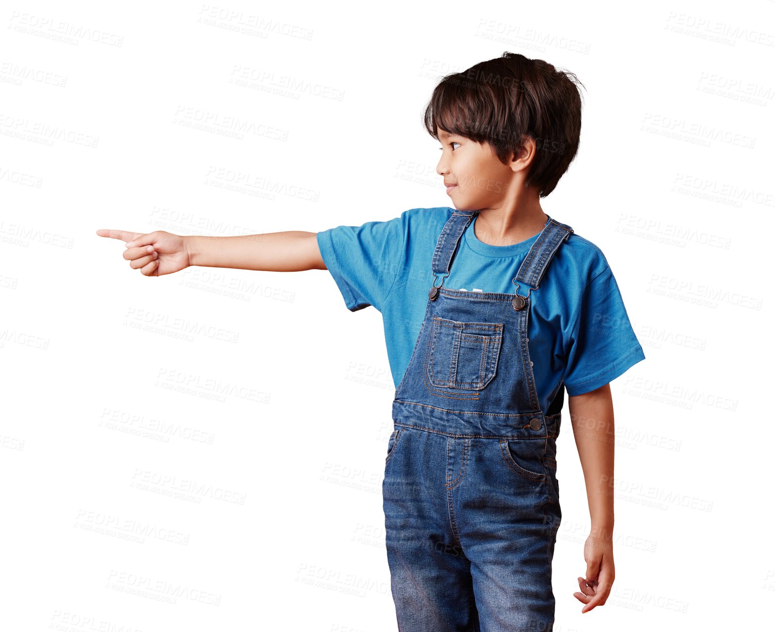 Buy stock photo Child pointing at space, direction and advertising isolated on a transparent png background. Kid, hand gesture for marketing and show commercial promotion for ads, information sign and announcement