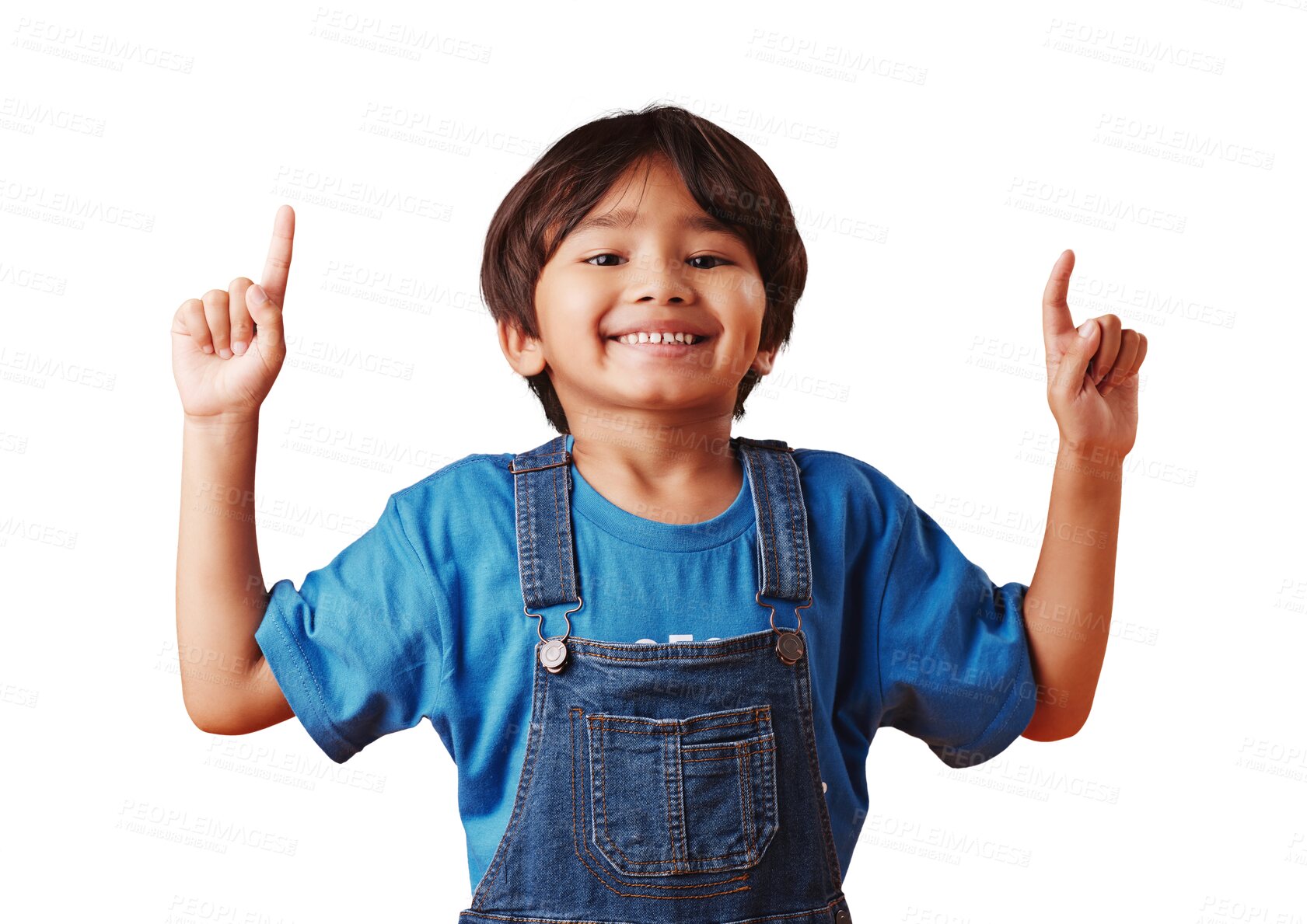 Buy stock photo Happy child pointing up at space, portrait and advertising isolated on a transparent png background. Face, kid and hand gesture for marketing, commercial or promotion for ads, info and announcement