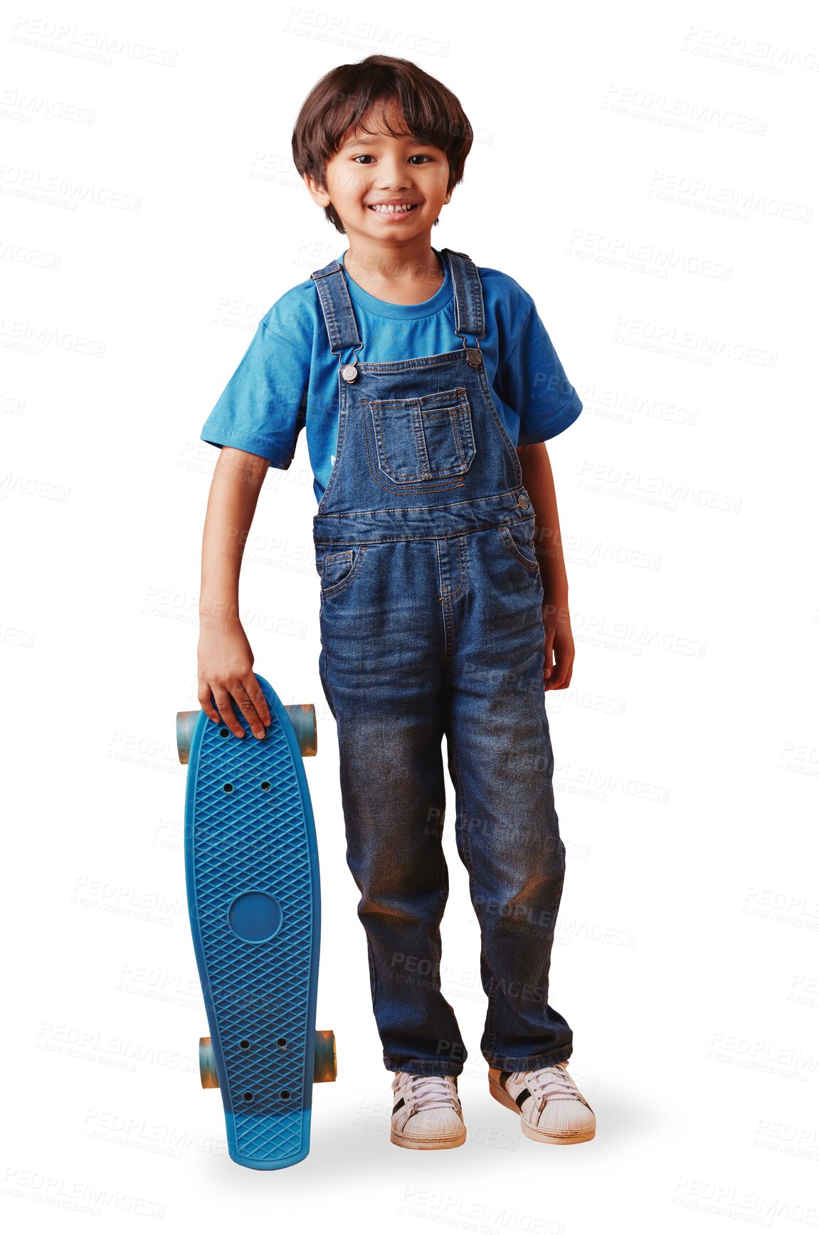 Buy stock photo Skateboard, happy and portrait of boy kid with casual, cool and trendy outfit for fun. Smile, excited and full body of Asian child or skater with adorable style isolated by transparent png background