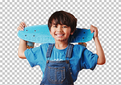 An adorable little asian boy looking happy while holding his skateboard against an orange background. Cute boy wearing casual clothes smiling as he carries his skateboard. Cute child having fun