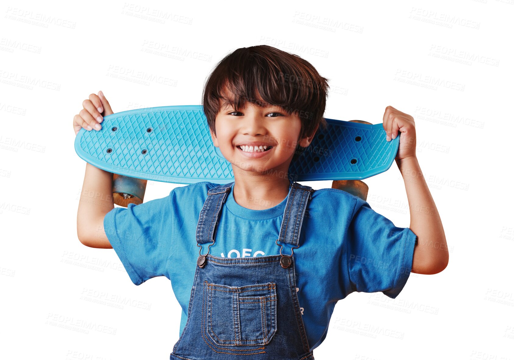 Buy stock photo Skateboard, smile and portrait of boy child with casual, cool and trendy outfit for fun. Happy, excited and cute Asian kid model or skater with adorable style isolated by transparent png background.