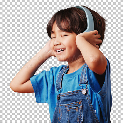 Buy stock photo Music, headphones and happy child listening to sound isolated on a transparent png background. Smile, kid streaming radio and hearing podcast online, dance to hip hop audio or multimedia for freedom