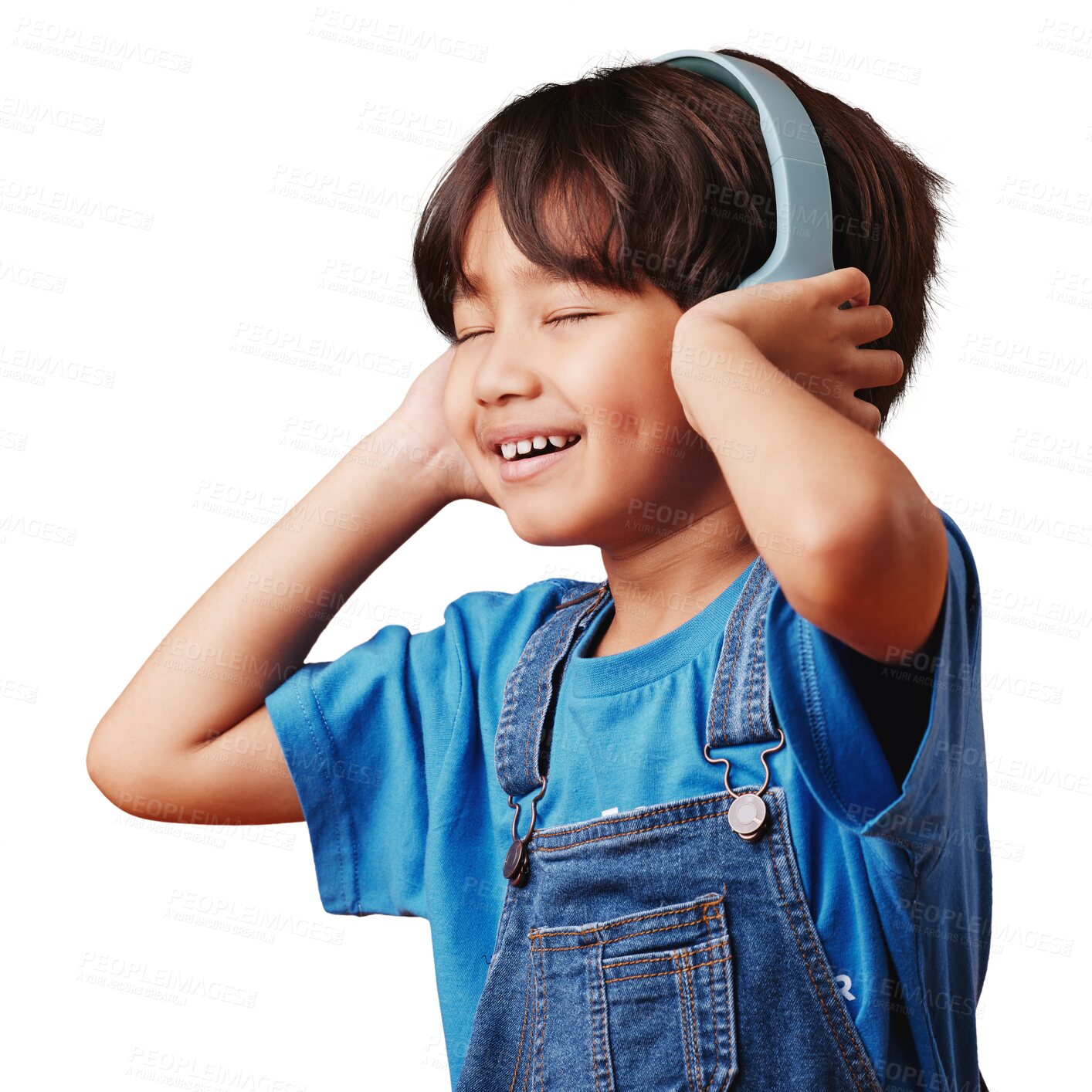 Buy stock photo Music, headphones and happy child listening to sound isolated on a transparent png background. Smile, kid streaming radio and hearing podcast online, dance to hip hop audio or multimedia for freedom