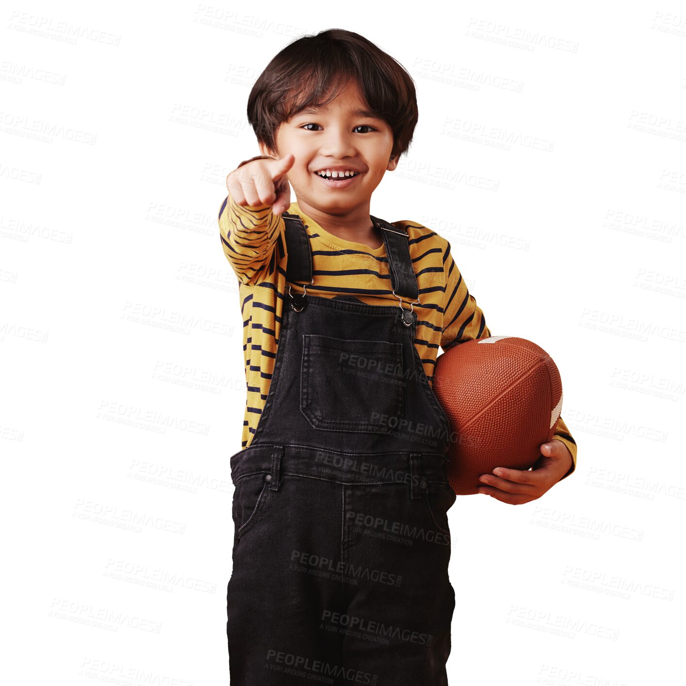 Buy stock photo Boy child is pointing at you, football and portrait with choice to play sport game isolated on png transparent background. Invitation, selection and opportunity with exercise, join match and decision