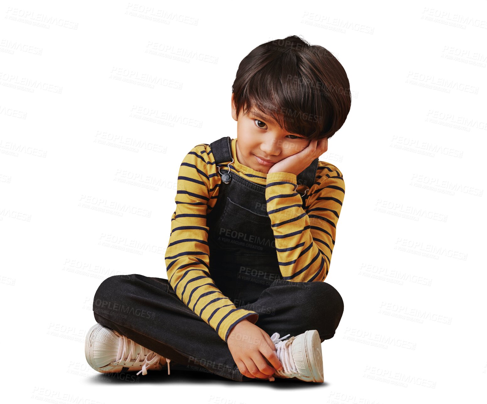 Buy stock photo Boy child, bored and hand on face sitting with tired, rest or depressed gesture on a png transparent background. Portrait, person and kid with relax, sad or disappointed expression for mental health