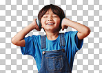 A cute little asian boy enjoying listening to music while wearing headphones against an orange copyspace background .Adorable Chinese kid feeling the magic of music