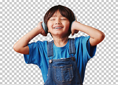 Buy stock photo Music, headphones and happy kid listening to sound isolated on a transparent png background. Smile, child streaming radio and hearing podcast online, audio and dance to hip hop multimedia for freedom