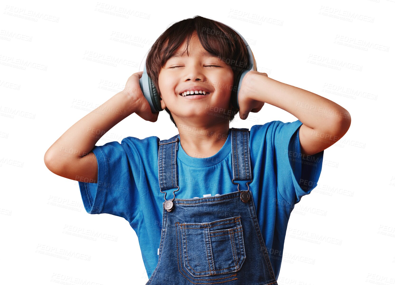 Buy stock photo Music, headphones and happy kid listening to sound isolated on a transparent png background. Smile, child streaming radio and hearing podcast online, audio and dance to hip hop multimedia for freedom