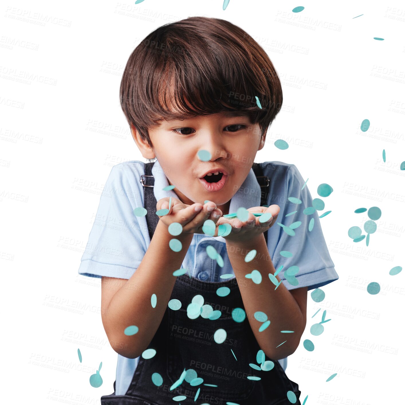 Buy stock photo Boy, child and blowing confetti isolated on transparent png background for party celebration or gender reveal. Blue streamers, happy kid with announcement or congratulations at event with happiness.