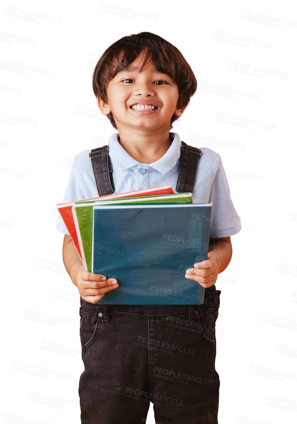 Buy stock photo School, portrait or kid with books for education or learning isolated on transparent PNG background. Smile, smart or clever young Asian boy student with notebook, fun knowledge or child development