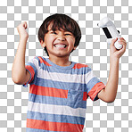 Young mixed race boy standing and holding a console controller while playing a video game against a blue background. cute child celebrating winning a game