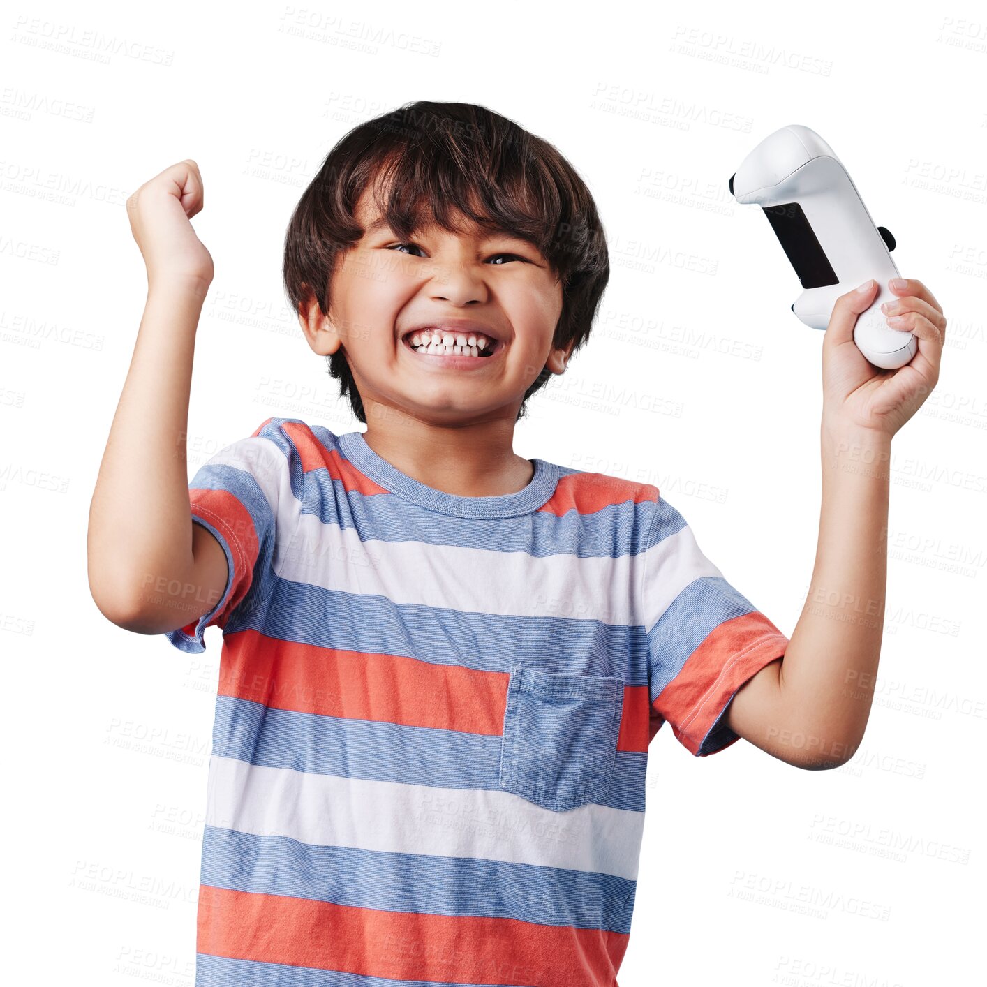 Buy stock photo Winner, joystick or boy gaming to play online sports isolated on transparent on png background. Controller, happy or excited kid gamer with success, achievement or goal for video games on technology