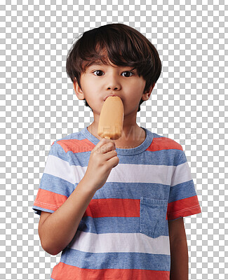 Portrait of an adorable little asian boy looking happy while enjoying a sweet treat against a blue background. Mixed race child eating a sugar dipped popsicle as a snack