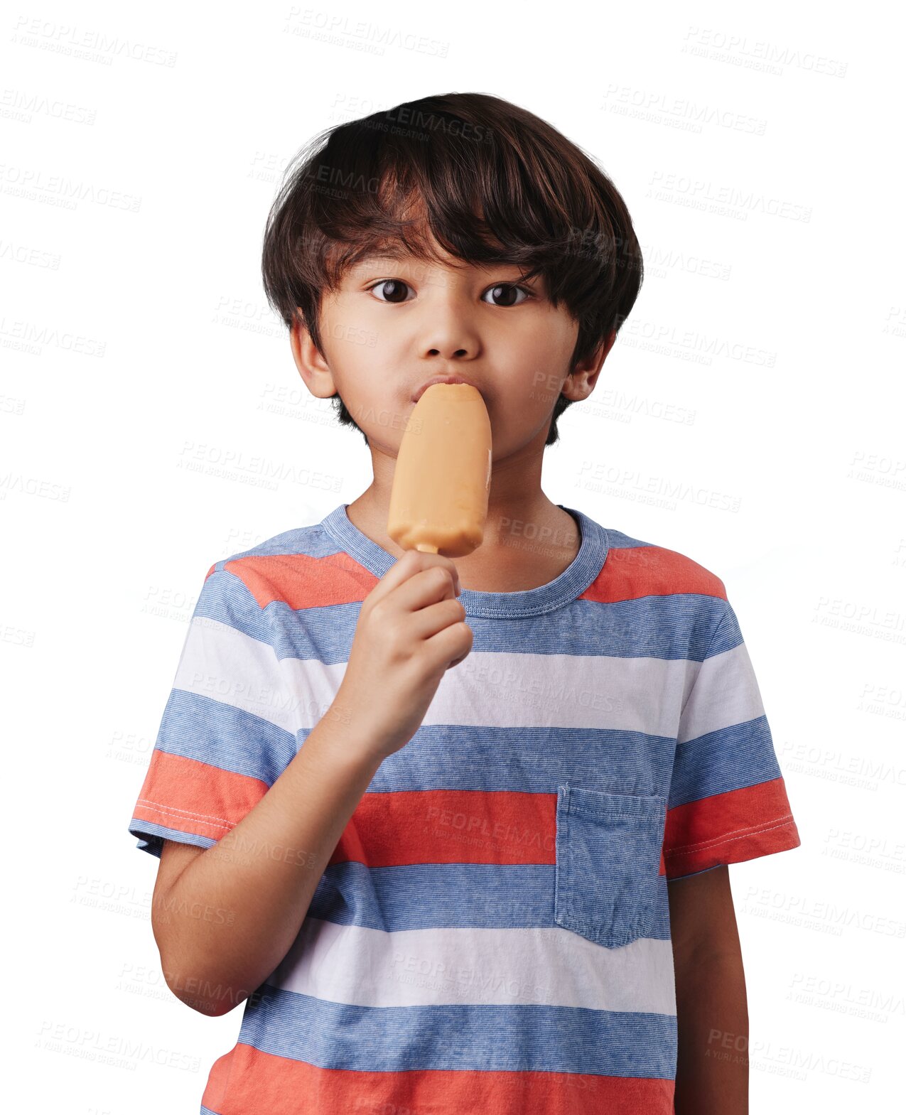 Buy stock photo Portrait, child eating popsicle and isolated on transparent png background with summer sweets. Happy face of boy with chocolate icecream reward, frozen dessert on stick or ice candy for holiday fun.