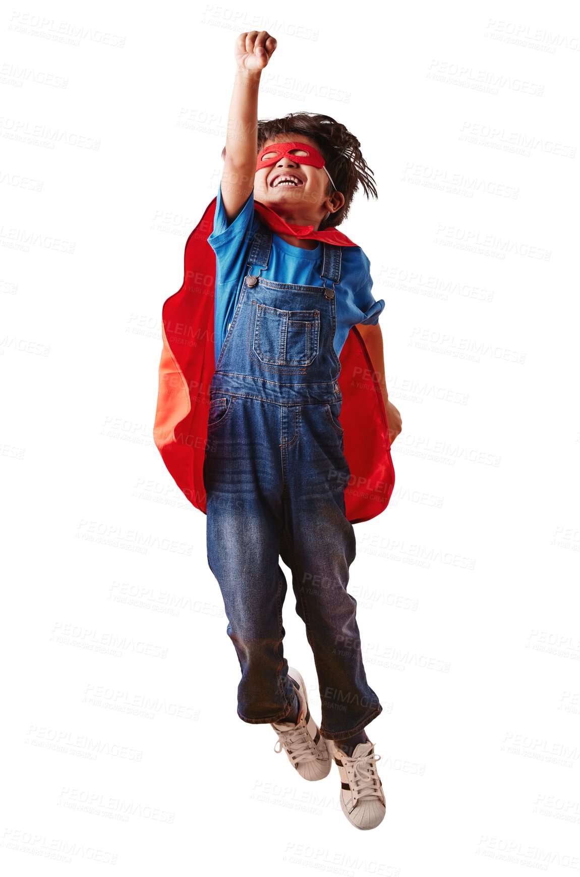 Buy stock photo Superhero action, flight and child smile as pretend character, having fun and imagine comic cosplay, rescue and crime protection. Hero costume, fearless or kid flying on transparent, png background