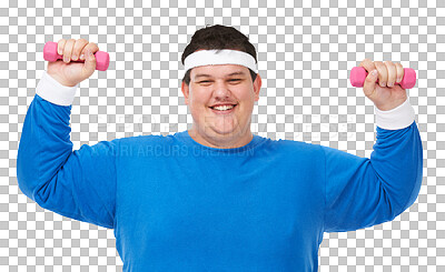 Buy stock photo Plus size man, fitness portrait and dumbbell for lose weight, or funny training isolated on transparent png backpack. Happy face of person with muscle exercise, workout and motivation or health goals