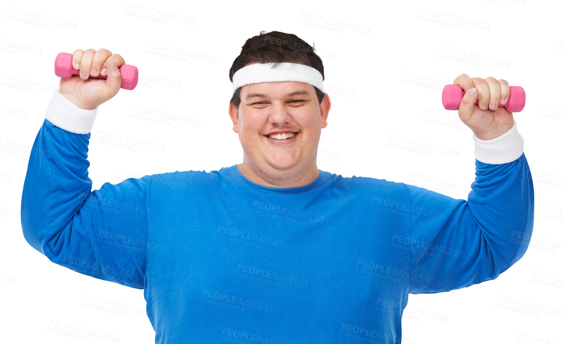 Buy stock photo Plus size man, fitness portrait and dumbbell for lose weight, or funny training isolated on transparent png backpack. Happy face of person with muscle exercise, workout and motivation or health goals