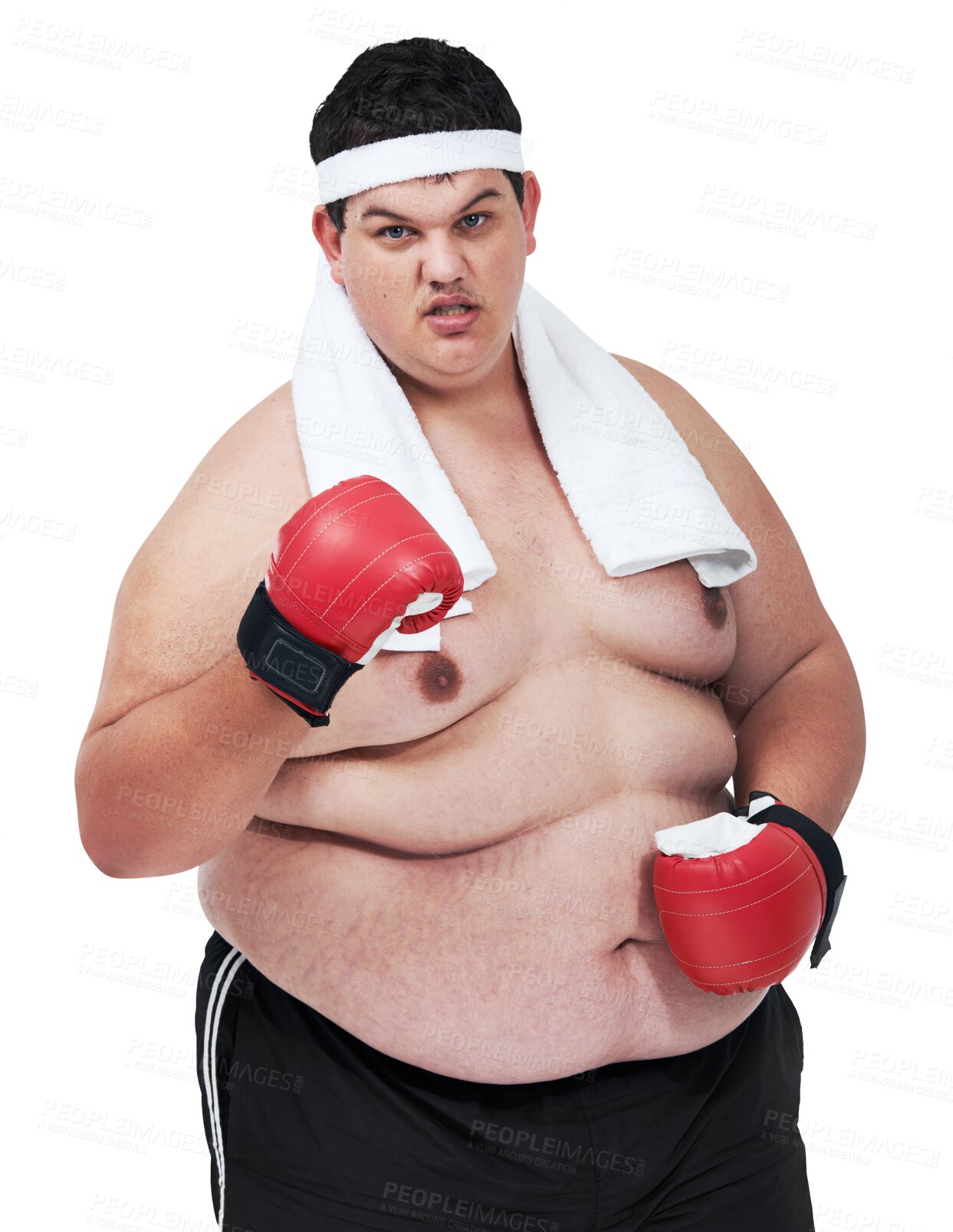 Buy stock photo Fat, man and boxing with portrait or shirtless for diet to change isolated on transparent png background. Plus size, person and body in fitness to workout for healthy, training or exercise or sports