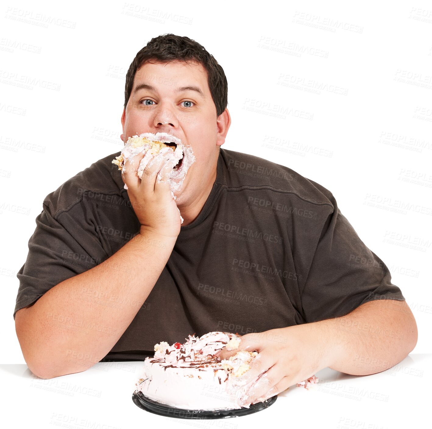 Buy stock photo Overweight, man and face eating cake or desert isolated on a png transparent background with messy and hungry. Portrait, person and happiness with mouth full of sweets, sugar and unhealthy calories