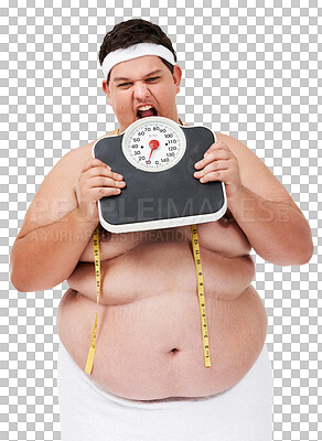 Buy stock photo Man, plus size and eating scale, body measuring tape, and isolated on a transparent png background for gym, weight loss and diet. Frustrated, hungry and health issue with stomach, progress and food