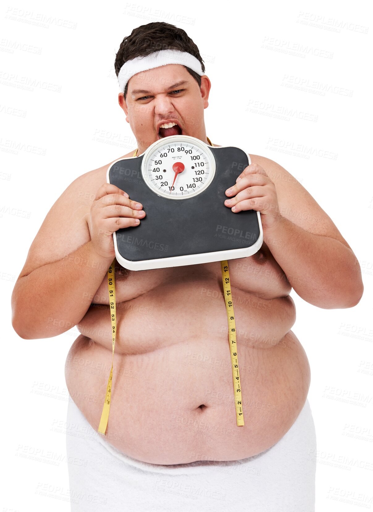 Buy stock photo Man, plus size and eating scale, body measuring tape, and isolated on a transparent png background for gym, weight loss and diet. Frustrated, hungry and health issue with stomach, progress and food