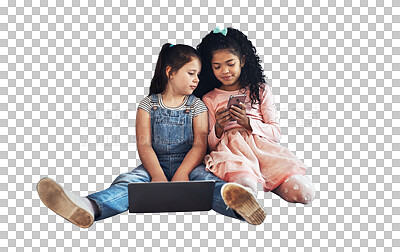 Buy stock photo Laptop, phone and girl children bonding together and networking on social media or the internet. Calm, technology and kid friends with computer and cellphone isolated by transparent png background.