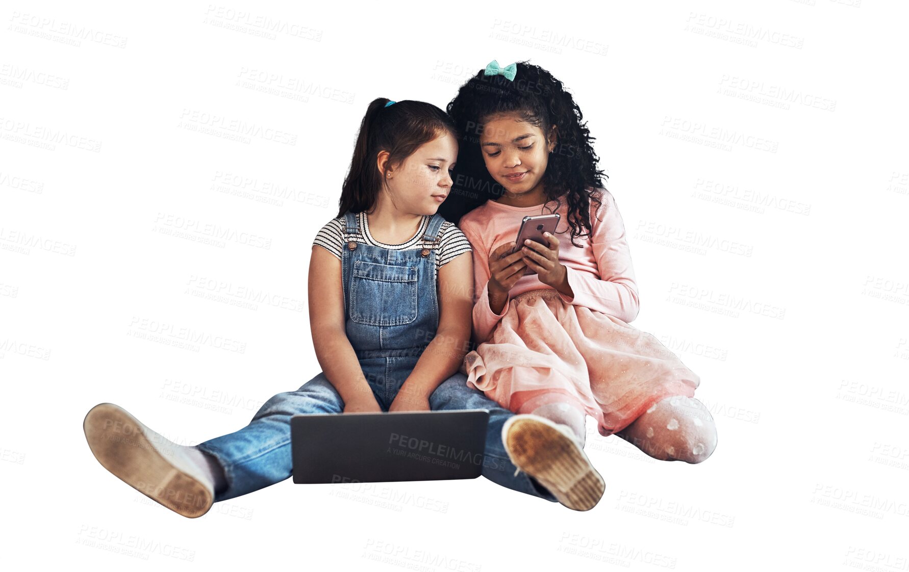 Buy stock photo Laptop, phone and girl children bonding together and networking on social media or the internet. Calm, technology and kid friends with computer and cellphone isolated by transparent png background.