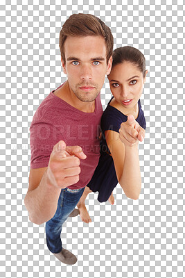 Buy stock photo Young couple, portrait and pointing you for news, announcement and join us or accountability. Woman and man standing together with finger for choice or voting isolated on transparent png background  