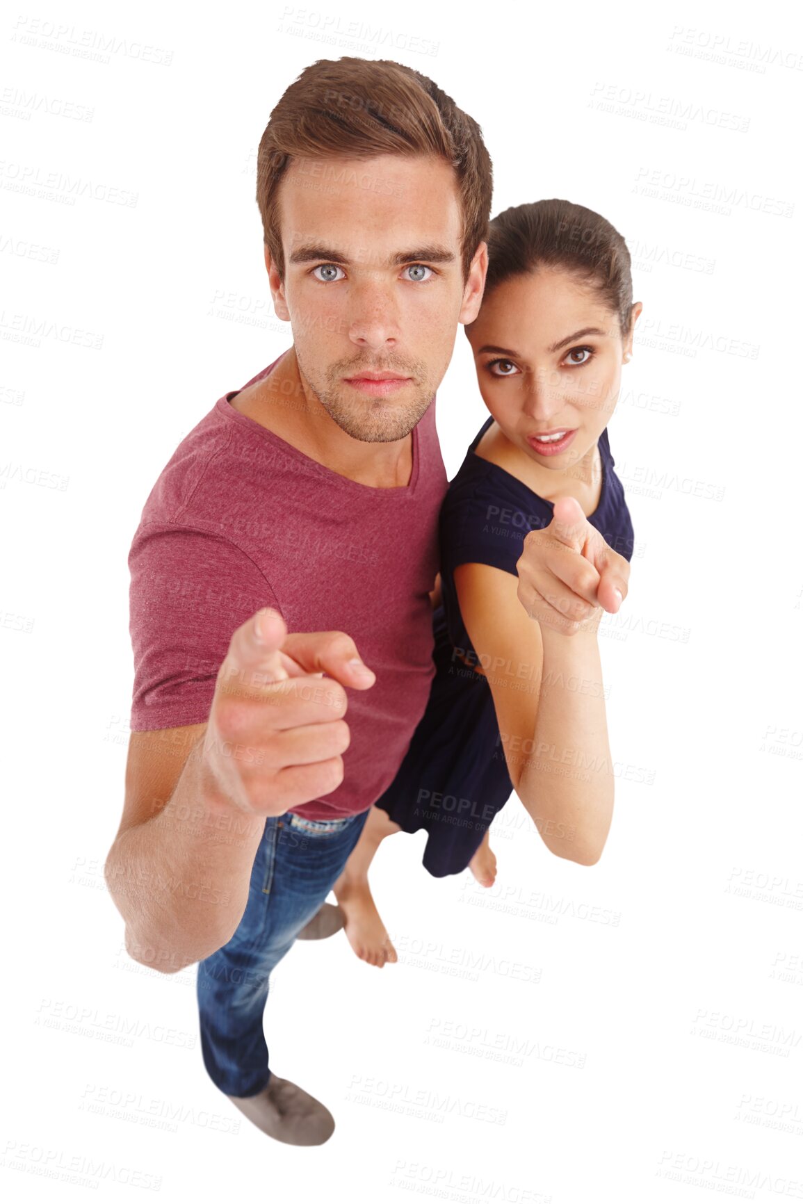 Buy stock photo Young couple, portrait and pointing you for news, announcement and join us or accountability. Woman and man standing together with finger for choice or voting isolated on transparent png background  