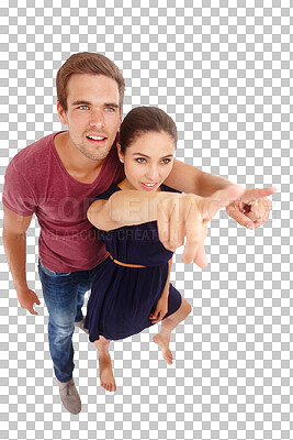 Buy stock photo Couple pointing up, announcement or info in presentation, high angle and relationship. Partner, trust and man with woman, news or offer, notification in air isolated on png transparent background. 